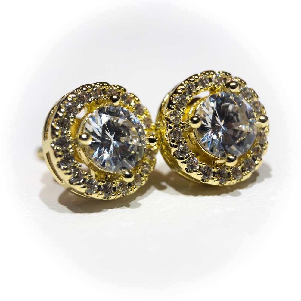 Yellow Gold Finish CZ stud earrings/ halo setting